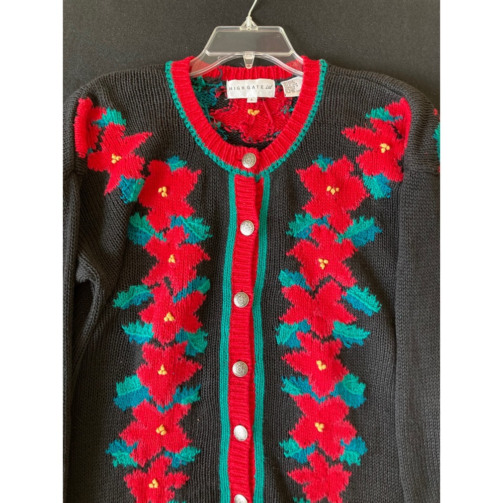 Highgate Ltd Vintage Poinsettia Floral Christmas Cardigan Sweater Black Red L